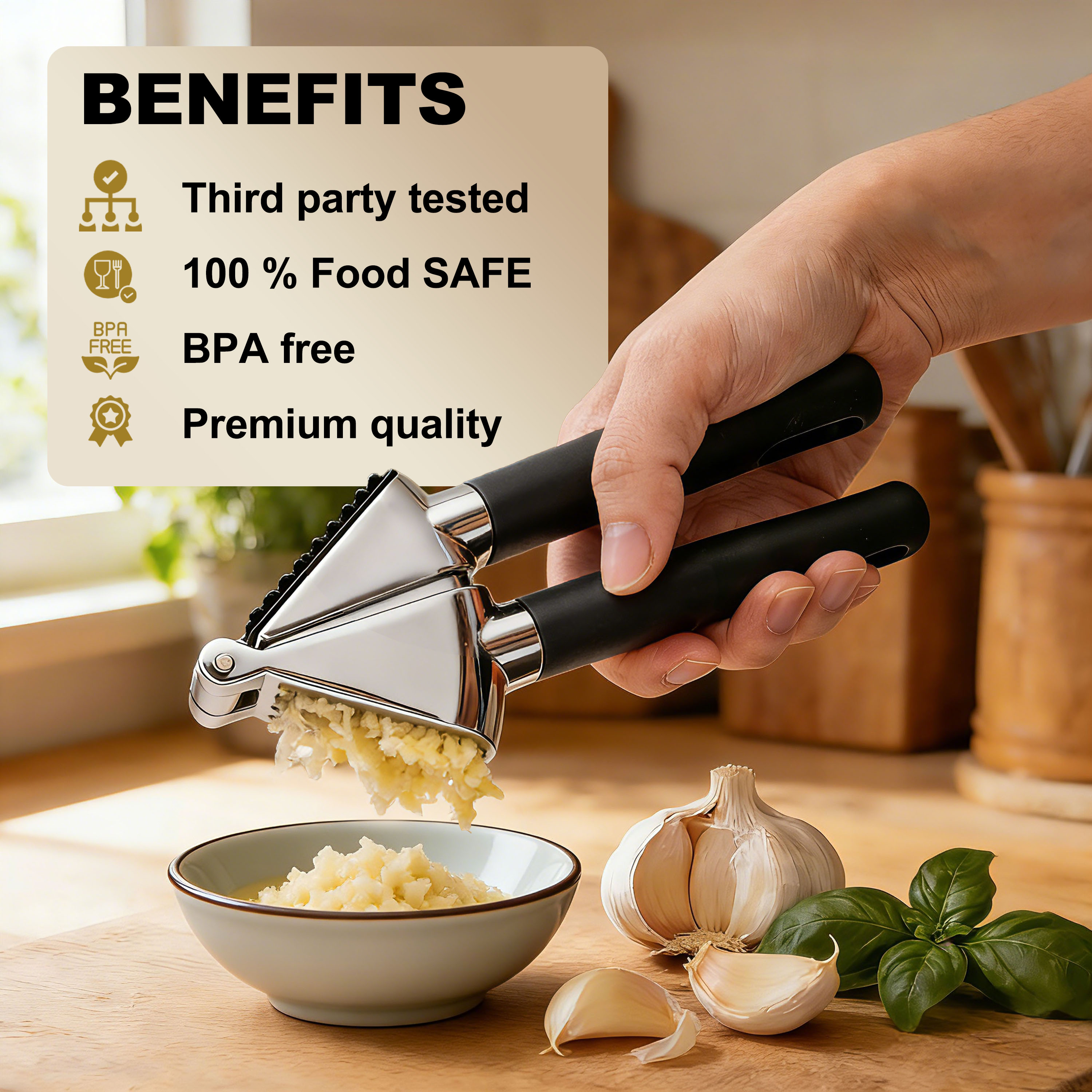 3WAVES Garlic Press in use — benefits overview